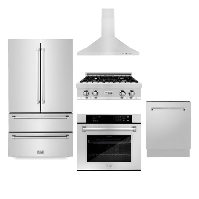 ZLINE Kitchen Package with Refrigeration, 30" Stainless Steel Gas Rangetop, 30" Convertible Vent Range Hood, 30" Single Wall Oven, and 24" Tall Tub Dishwasher (5KPR-RTRH30-AWSDWV) Plaza Home Decor