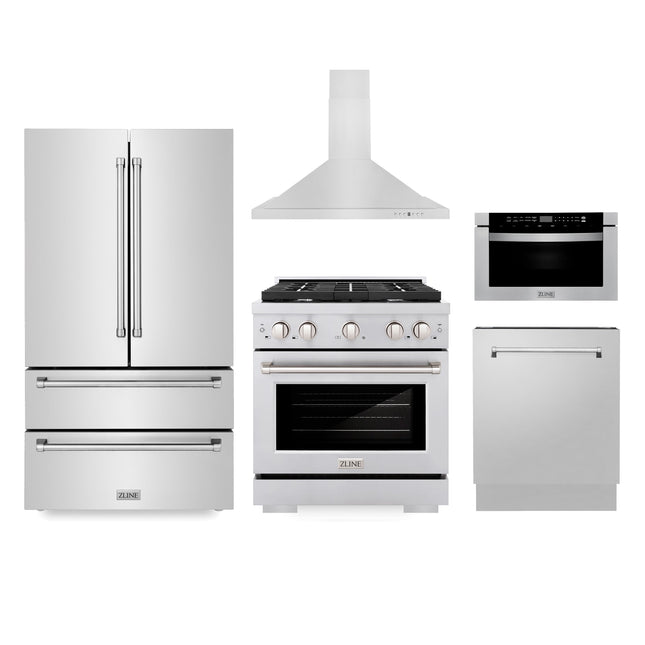 ZLINE Kitchen Package with Refrigeration, 30" Stainless Steel Gas Range, 30" Range Hood, Microwave Drawer, and 24" Tall Tub Dishwasher (5KPR-SGRRH30-MWDWV) Plaza Home Decor