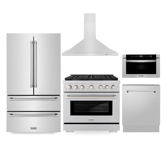 ZLINE Kitchen Package with Refrigeration, 36" Stainless Steel Gas Range, 36" Range Hood, Microwave Drawer, and 24" Tall Tub Dishwasher (5KPR-SGRRH36-MWDWV) Plaza Home Decor