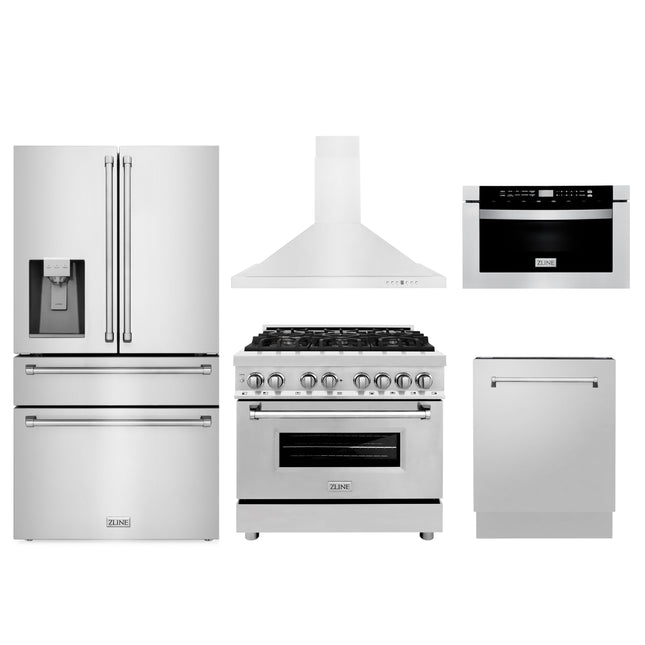 ZLINE Kitchen Package with Water and Ice Dispenser Refrigerator, 36" Dual Fuel Range, 36" Range Hood, Microwave Drawer, and 24" Tall Tub Dishwasher (5KPRW-RARH36-MWDWV) Plaza Home Decor