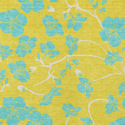 9' X 12' Yellow And Aqua Floral Washable Indoor Outdoor Area Rug