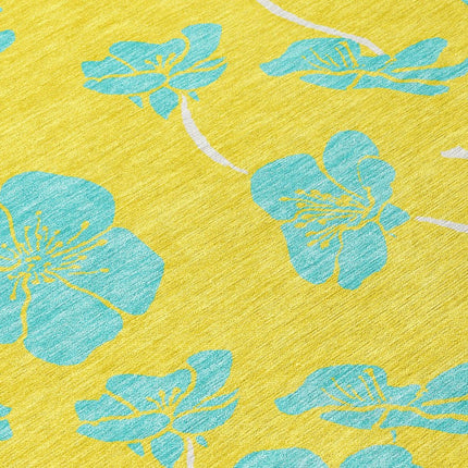 9' X 12' Yellow And Aqua Floral Washable Indoor Outdoor Area Rug