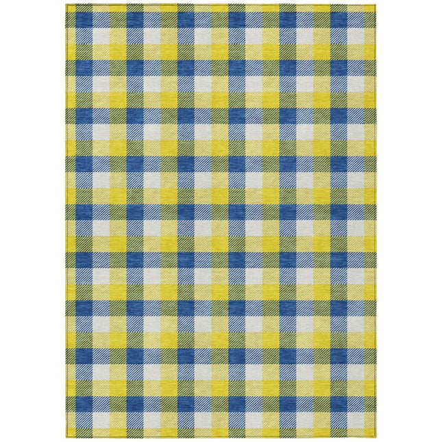 9' X 12' Yellow Blue And Beige Plaid Washable Indoor Outdoor Area Rug HomeRoots