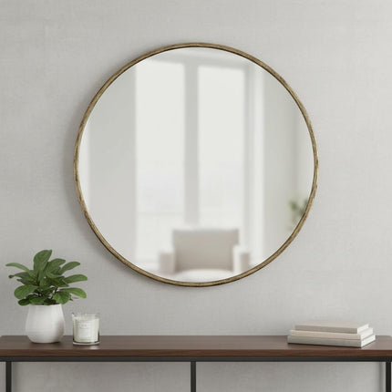 36" Antiqued Brass Iron Round Framed Accent Mirror HomeRoots