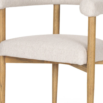 Beige and Brown Upholstered Cushion And Solid Wood Open Back Dining Arm Chair