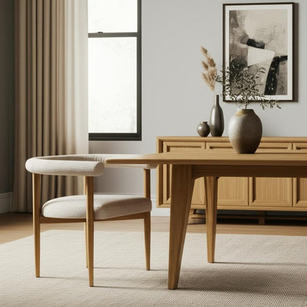 Beige and Brown Upholstered Cushion And Solid Wood Open Back Dining Arm Chair