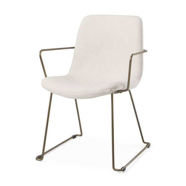 Beige and Gold Fabric and Wood Dining Arm Chair HomeRoots