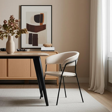 Set of Two Beige and Black Fabric Open Back Dining Arm Chairs