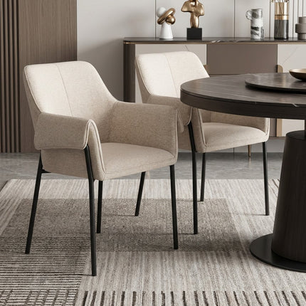 Set of Two Beige and Black Fabric Dining Arm Chairs