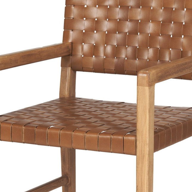 Brown Woven Leather And Solid Wood Dining Arm Chair HomeRoots