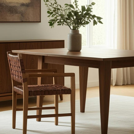 Brown Woven Leather And Solid Wood Dining Arm Chair
