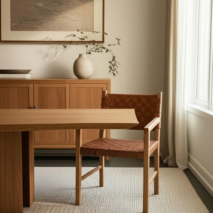Brown Woven Leather And Solid Wood Dining Arm Chair