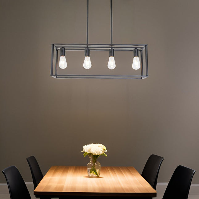 Black Metal Four Light Caged Rectangular Hanging Pendent Light HomeRoots