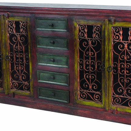 82" Red Distressed Solid Wood Five Drawer Buffet Table with Four Doors HomeRoots