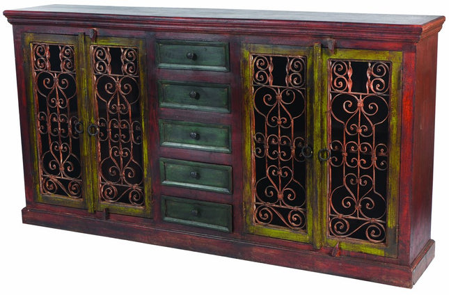 82" Red Distressed Solid Wood Five Drawer Buffet Table with Four Doors HomeRoots