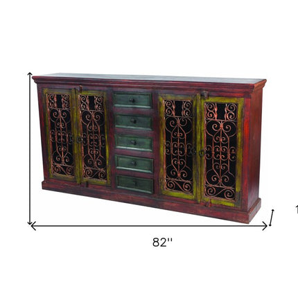 82" Red Distressed Solid Wood Five Drawer Buffet Table with Four Doors HomeRoots