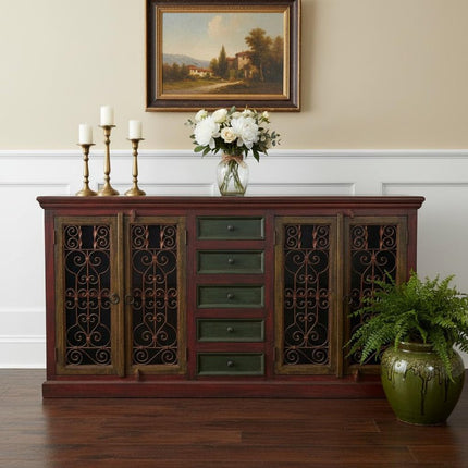 82" Red Distressed Solid Wood Five Drawer Buffet Table with Four Doors HomeRoots