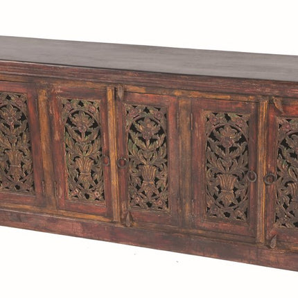 90" Red Distressed Solid Wood Carved Scrollwork Buffet Table with Six Doors HomeRoots