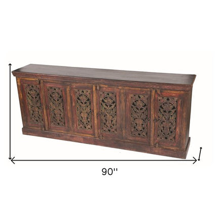 90" Red Distressed Solid Wood Carved Scrollwork Buffet Table with Six Doors HomeRoots