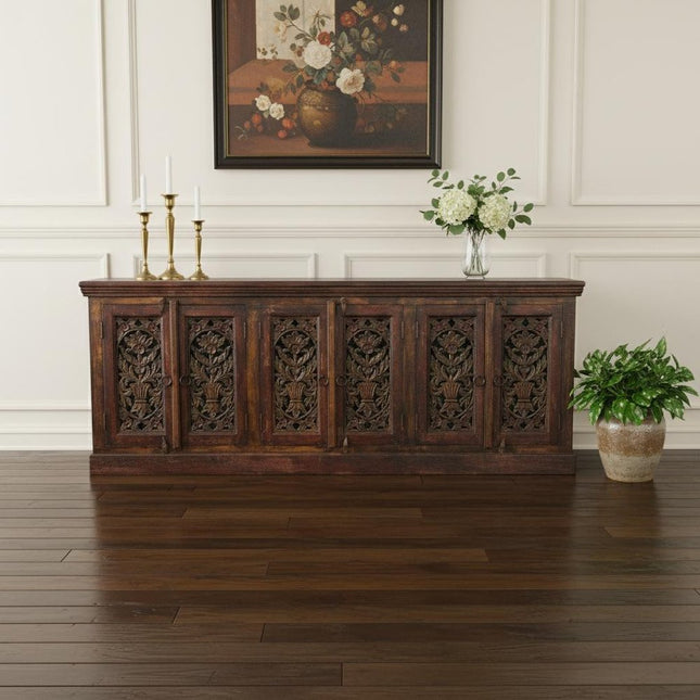 90" Red Distressed Solid Wood Carved Scrollwork Buffet Table with Six Doors HomeRoots