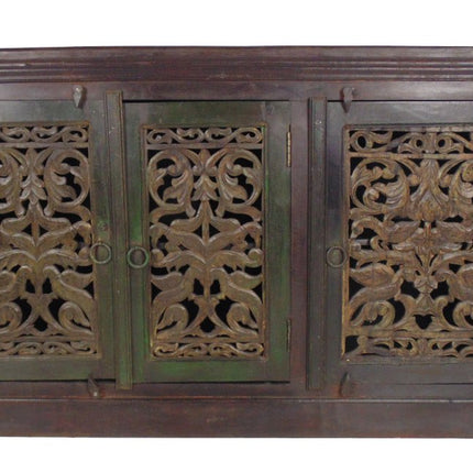 60" Brown Distressed Solid Wood Carved Scrollwork Buffet Table With Three Doors HomeRoots