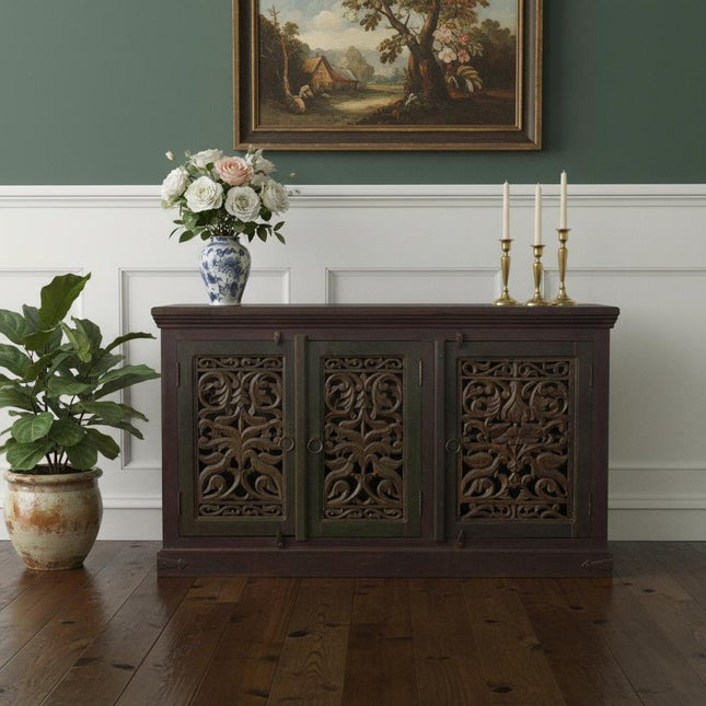 60" Brown Distressed Solid Wood Carved Scrollwork Buffet Table With Three Doors HomeRoots