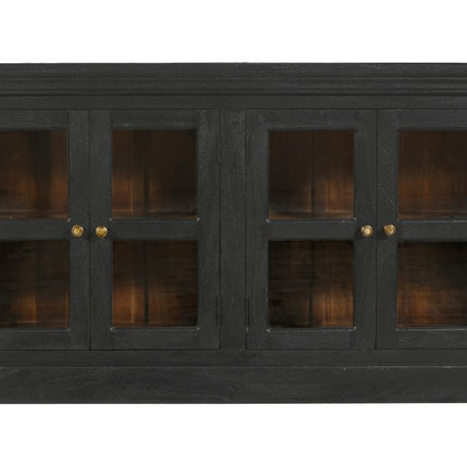 62" Charcoal Distressed Solid Wood Sideboard with Four Glass Doors HomeRoots