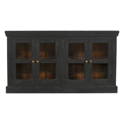 62" Charcoal Distressed Solid Wood Sideboard with Four Glass Doors HomeRoots