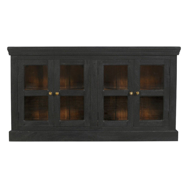 62" Charcoal Distressed Solid Wood Sideboard with Four Glass Doors HomeRoots
