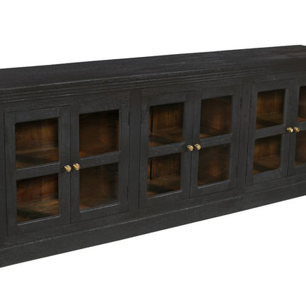 93" Charcoal Distressed Solid Wood Sideboard With Six Glass Doors HomeRoots