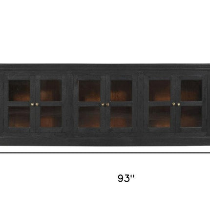 93" Charcoal Distressed Solid Wood Sideboard With Six Glass Doors HomeRoots