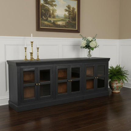 93" Charcoal Distressed Solid Wood Sideboard With Six Glass Doors HomeRoots