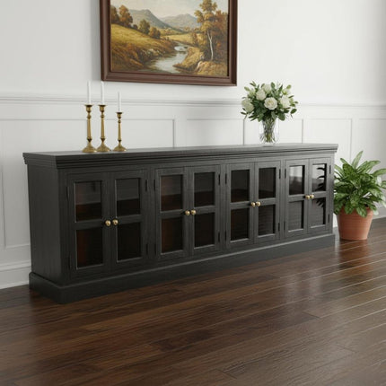 118" Charcoal Distressed Solid Wood Sideboard With 8 Glass Doors HomeRoots