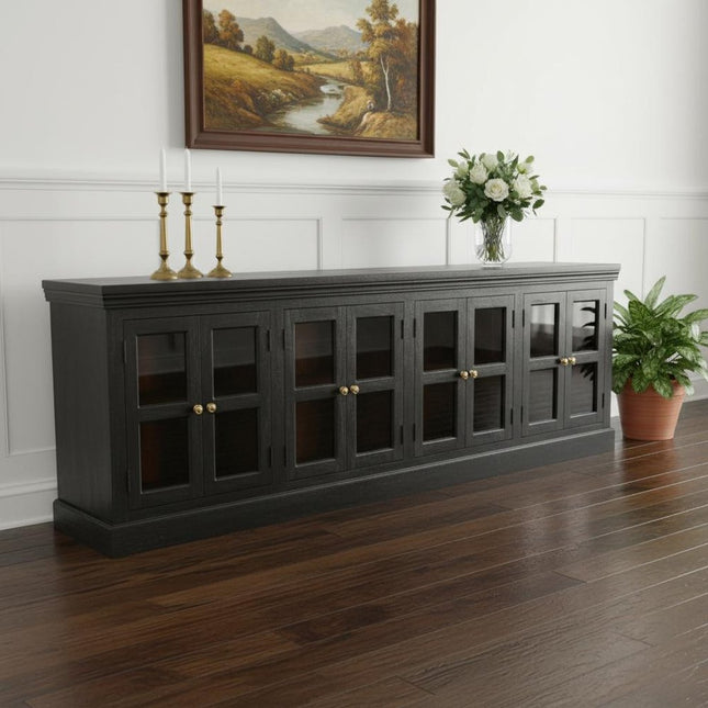 118" Charcoal Distressed Solid Wood Sideboard With 8 Glass Doors HomeRoots