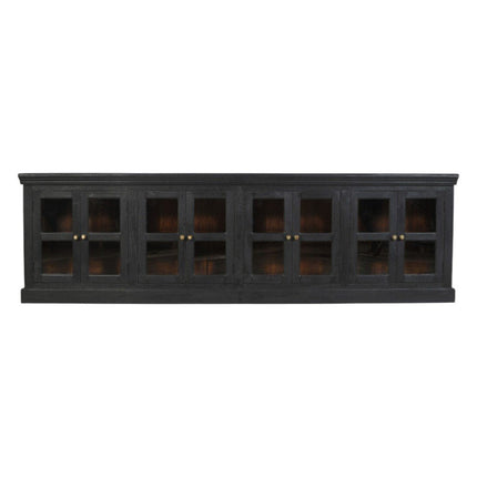 118" Charcoal Distressed Solid Wood Sideboard With 8 Glass Doors HomeRoots