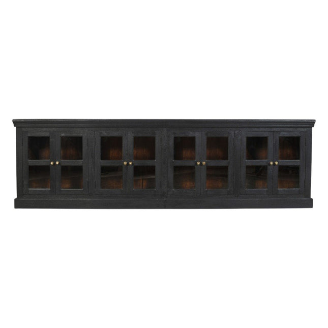 118" Charcoal Distressed Solid Wood Sideboard With 8 Glass Doors HomeRoots