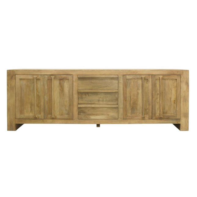 94" Natural Distressed Solid Wood Three Drawer Sideboard With Four Doors HomeRoots