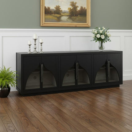 95" Dark Brown Distressed Solid Wood Sideboard with Six Doors HomeRoots
