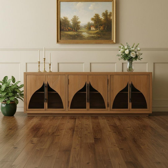 95" Natural Distressed Solid Wood Sideboard with Six Doors HomeRoots