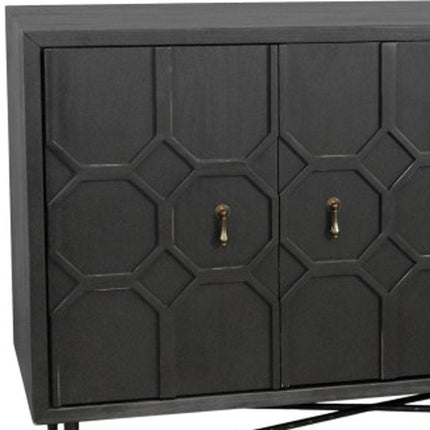 91" Black Distressed Reclaimed Wood Carved Geometric Sideboard With Six Doors HomeRoots