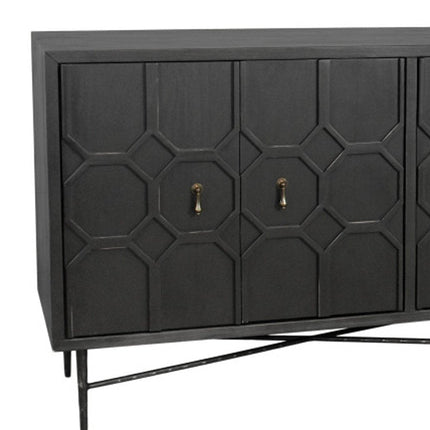 91" Black Distressed Reclaimed Wood Carved Geometric Sideboard With Six Doors HomeRoots