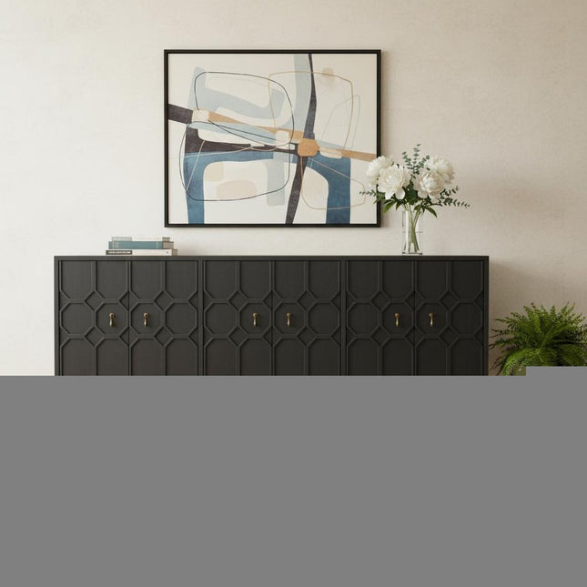 91" Black Distressed Reclaimed Wood Carved Geometric Sideboard With Six Doors HomeRoots