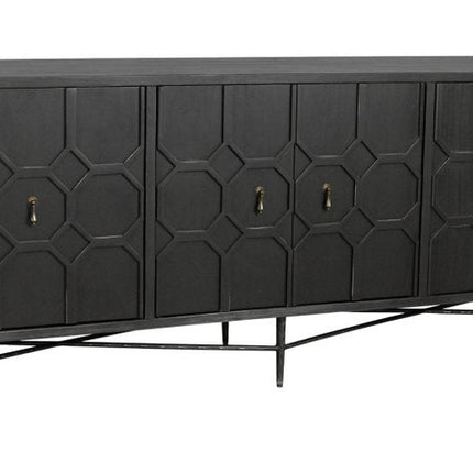 91" Black Distressed Reclaimed Wood Carved Geometric Sideboard With Six Doors HomeRoots