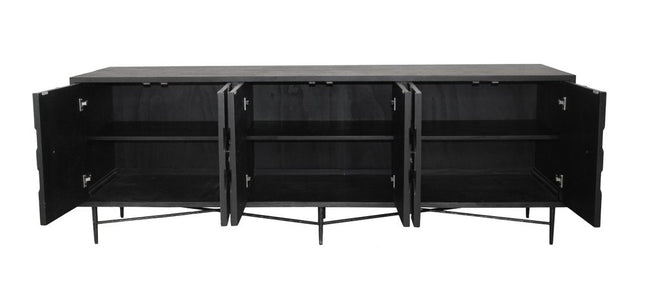 91" Black Distressed Reclaimed Wood Carved Geometric Sideboard With Six Doors HomeRoots