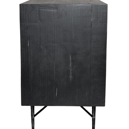 91" Black Distressed Reclaimed Wood Carved Geometric Sideboard With Six Doors HomeRoots