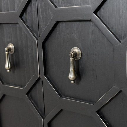 91" Black Distressed Reclaimed Wood Carved Geometric Sideboard With Six Doors HomeRoots