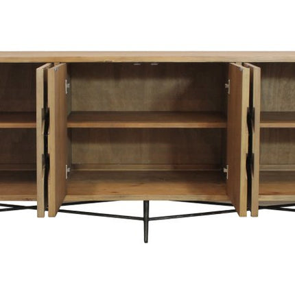 91" Natural Distressed Solid Wood Carved Geometric Sideboard with Six Doors HomeRoots