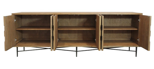 91" Natural Distressed Solid Wood Carved Geometric Sideboard with Six Doors HomeRoots