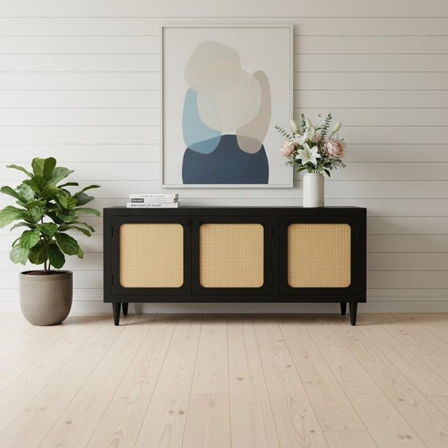 60" Black Distressed Solid Wood Sideboard with Three Doors HomeRoots