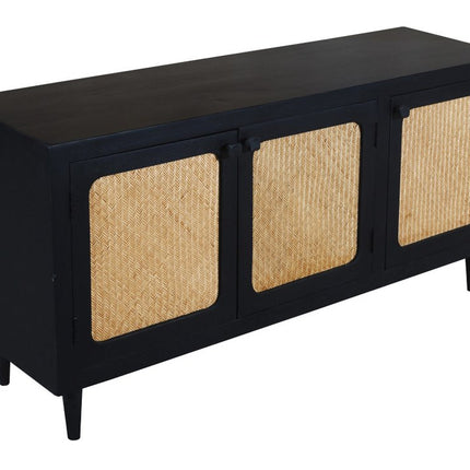60" Black Distressed Solid Wood Sideboard with Three Doors HomeRoots